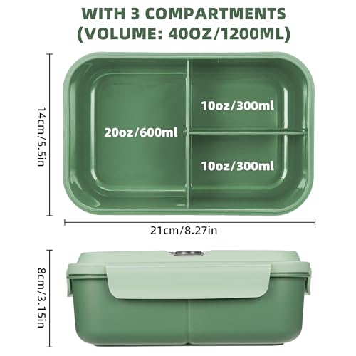 Fanhaw Green 40oz Bento Lunch Box with 3 Compartments, Microwave & Dishwasher Safe