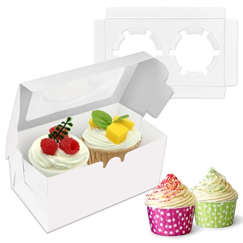 10 Pack White 2-Cavity Cupcake Boxes with Clear Window for Bakery Treats