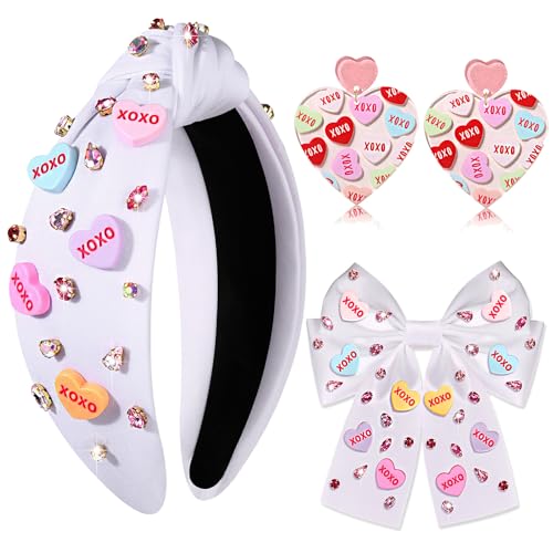 Mokkia Conversation Heart Valentine's Day Headband Hair Bow and Earrings Set
