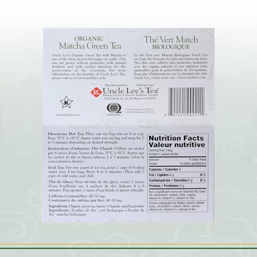 Uncle Lee's Organic Matcha Green Tea Bags, 80 Count Total (2-Pack)