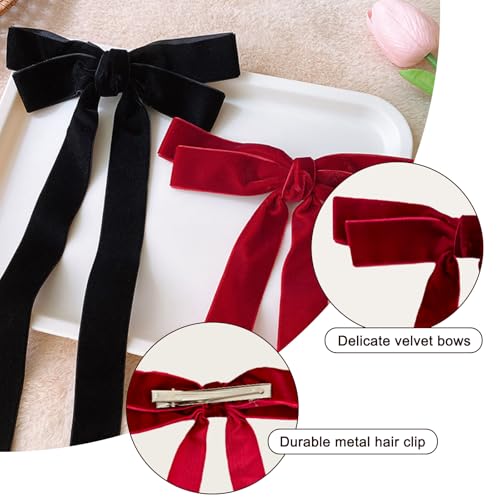 BluOcnMkt 2Pcs Velvet Hair Bow Clips with Long Tails for Women