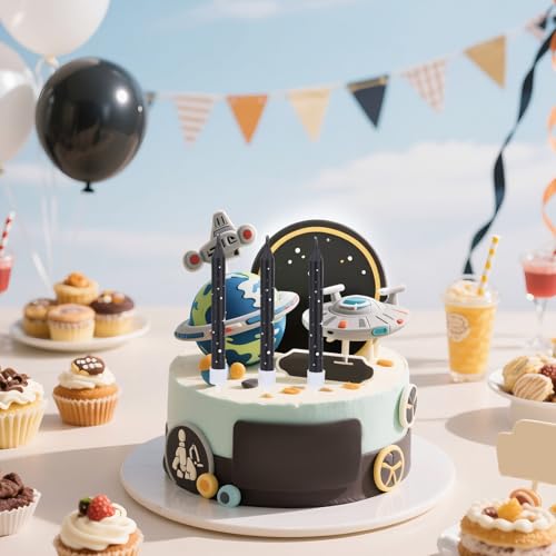 Galaxy Space Themed Birthday Cake Candles - 12 Long Black Cupcake Toppers