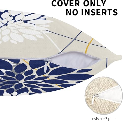 Navy Blue and Yellow Dahlia Floral Throw Pillow Covers - 18x18, Set of 2