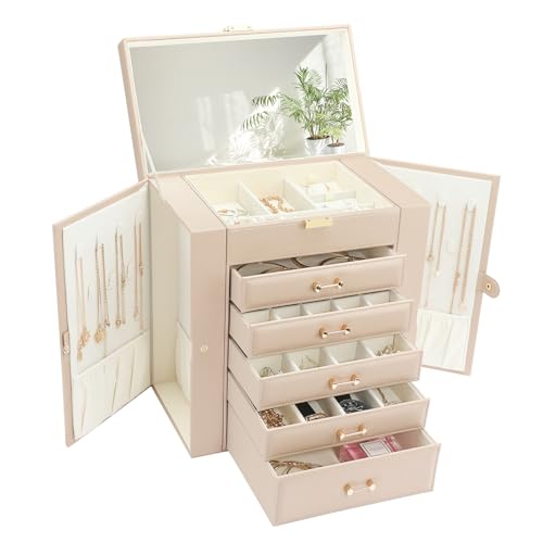 Apricot Jewelry Organizer Box with 6 Layers & Mirror - Large Storage Case for Women