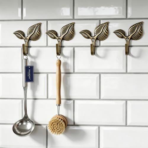 Set of 4 Vintage Leaf Wall Hooks - Antique Bronze Iron Coat & Curtain Hangers