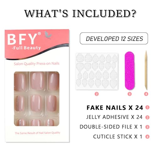 BFY Short Square Press on Nails - Glossy Purple Fake Nails with Glitter Lines, 24 Pcs