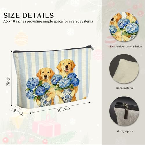Golden Retriever Makeup Bag Blue Chinoiserie Floral Cosmetic Pouch