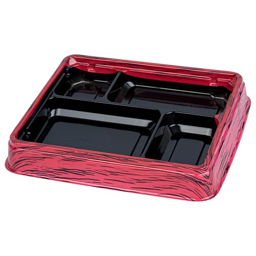 Restaurantware Bento Tek 15.2 Ounce Meal Prep Containers, 50 Disposable To Go Food Boxes - Lids Sold Separately, 4 Compartments, Red And Black Plastic Bento Lunch Boxes, Freezable, For Take Out
