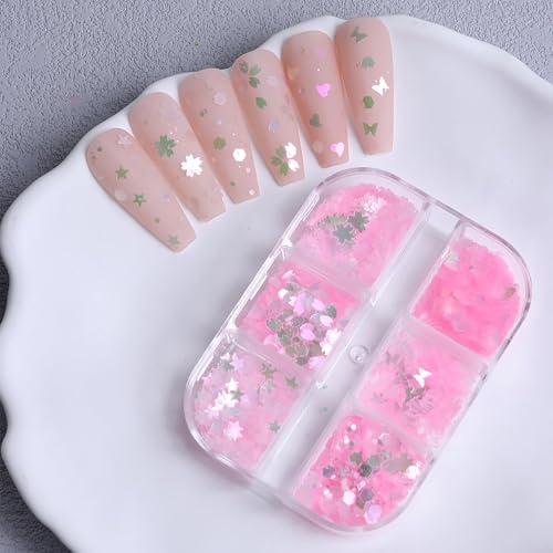 Cherry Blossom Nail Art Glitter Sequins 6 Grids Mixed Butterfly and Heart