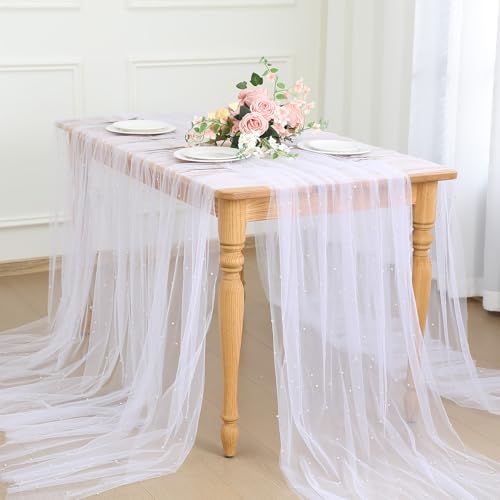 White Pearl Tulle Table Runner 10 ft Set for Weddings & Events