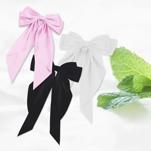 Big Satin Hair Bows with Barrettes Clips, 3-Pack Long Tail Bows