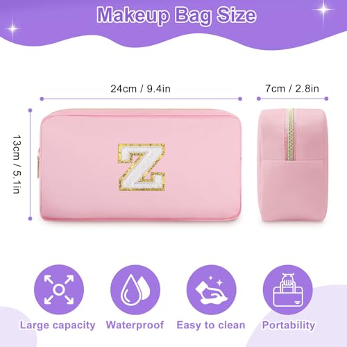 Pink Initial Makeup Bag with Glitter Letter Patch Travel Toiletry Pouch