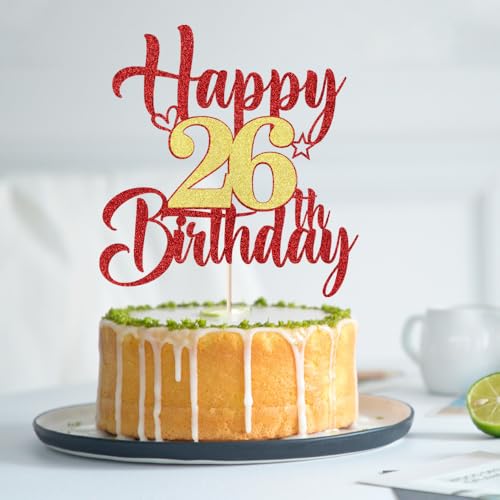 Happy 26th Birthday Cake Topper - Red Gold Glitter Decoration