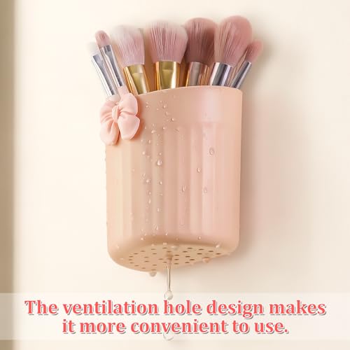 Exclaith Pink Wall-Mounted Makeup Brush Holder with Bow