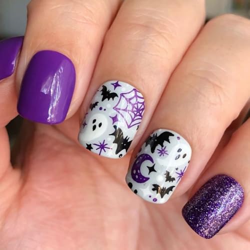 Purple Halloween Press on Nails Short Square Glitter False Nail Tips