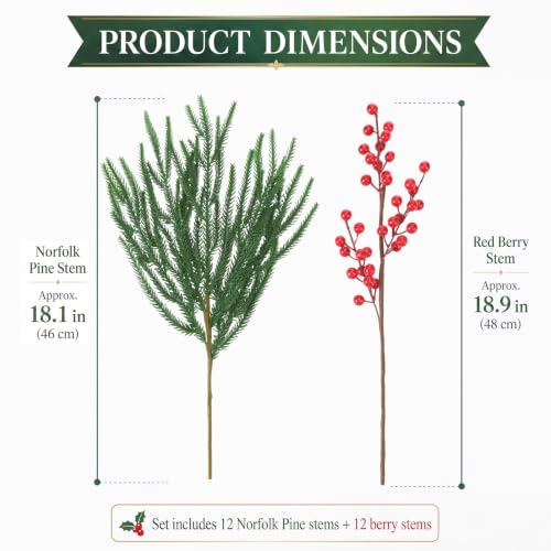 24 Large Artificial Christmas Pine Branches with Red Berry Stems for Outdoor Decor