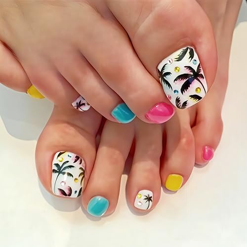 Summer Coconut Tree Press On Toenails Short Square Fake Toe Nails