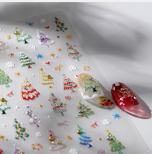 SHUXILIN 5D Embossed Christmas Tree Nail Stickers Self-Adhesive Holiday Decals