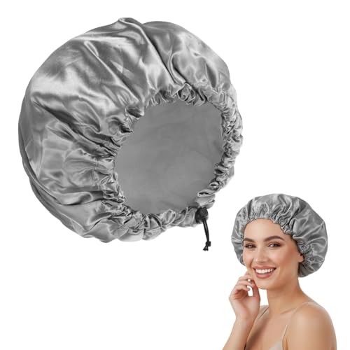 Reusable Shower Cap for Women, Waterproof Double Layer PEVA Bath Cap with Adjustable Drawstring