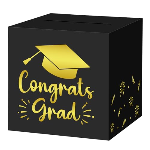 Graduation Card Box 9.1" - Black Gold Money Holder for Class of 2026