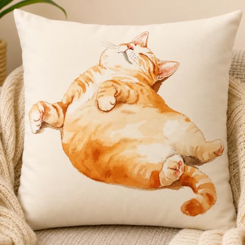 Chubby Orange Tabby Cat Pillow Cover 18x18 Inch - Soft Decor