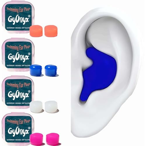 4 Pair Silicone Adult Ear Plugs for Swimming, Sleeping, Reusable Waterproof Swimming Ear Plugs for Kids, Men, Women, Water Play Accessories for Surfing, Floating, Pool (4 Colors & 4 Cases)