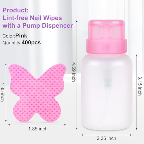 Nail Cotton Pads and Pump Dispenser Bottle Set, 400 Pcs Pink Lint Free Wipes