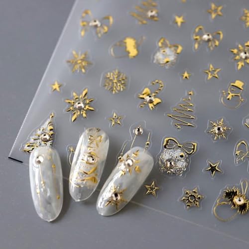 Mdscve 5D Embossed Christmas Gold Nail Art Stickers Winter Snowman Decals