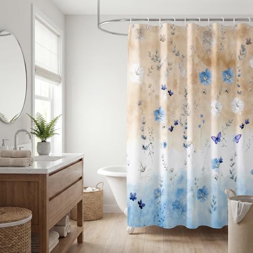 Watercolor Floral Shower Curtain - Pastel Blue & Yellow Design, 72x72