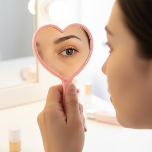 Bremorou Heart Shaped Handheld Makeup Mirror Small Pink Travel Mirror