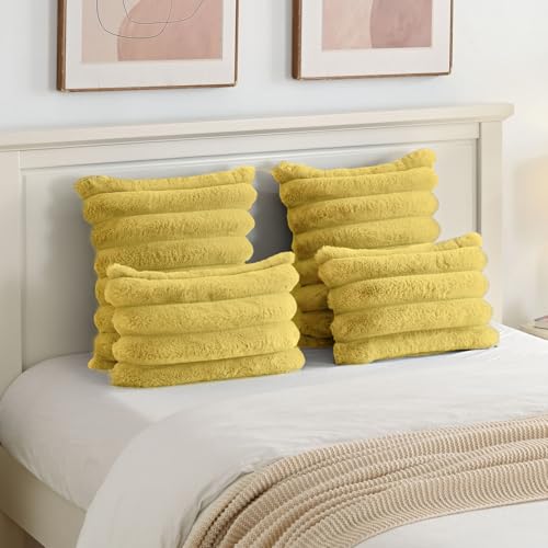 FUTEI Faux Rabbit Fur Throw Pillow Covers - 18x18 in, Mustard Yellow (Pack of 2)