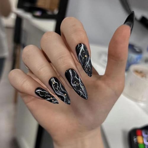 Black Marble Press on Nails Almond Medium Long Acrylic False Nails