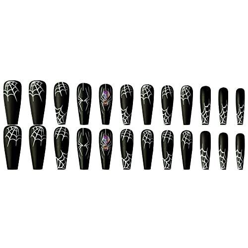Black Halloween Press on Nails Long Coffin Fake Nails with Spider Web Design 24Pcs