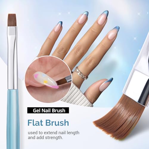 AIRSEE Nail Art Clean Up Brushes - 3 PCS Flat, Oval & Angled Blue Gel Polish Detail Brushes
