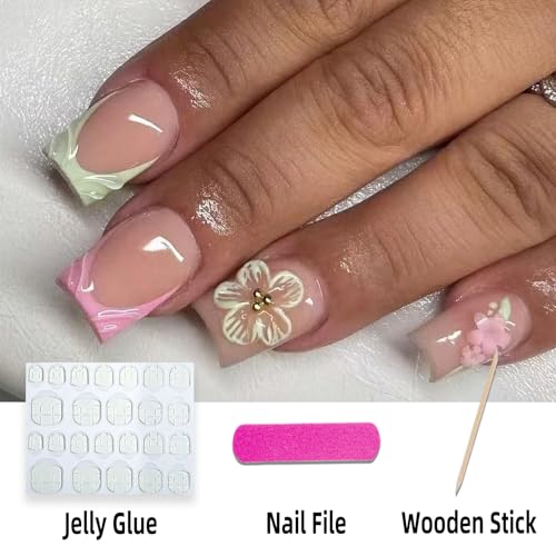 Pink French Tip Press on Nails Short Square False Nails with 3D Flower Design