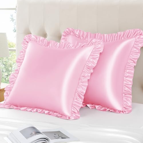 Pink Ruffle Satin Pillow Covers, 18x18 Inch Set of 2, Envelope Closure