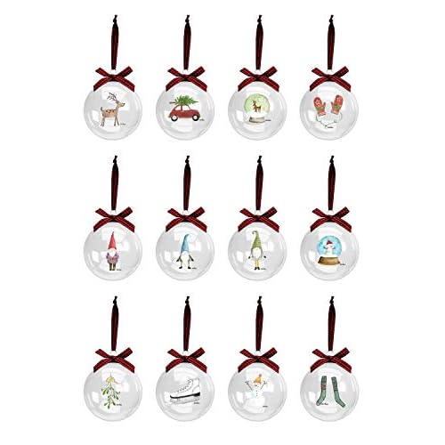 Rae Dunn Christmas Ornaments - Set of 12 Clear Glass Balls with Cute Holiday Designs - 60mm / 2.36 Inch Hanging Decorations for Xmas Tree