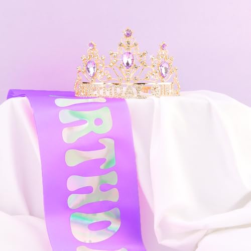 Birthday Girl Crown and Sash Set - Purple Rhinestone Tiara & Glitter Sash