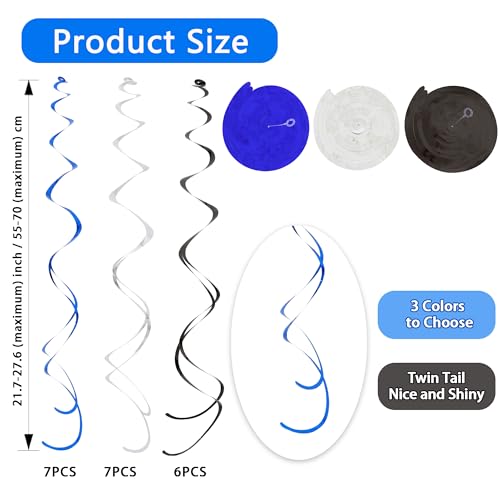 20-Piece Hanging Swirl Decorations - Blue, Black & Silver Party Decor