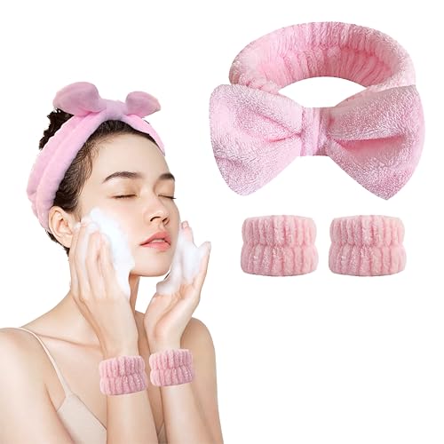 JYOUX 3PCS Fluffy Bow Spa Headband and Absorbent Wrist Strap Set