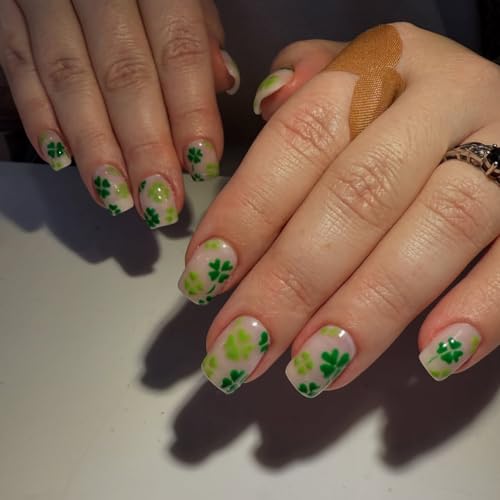 St. Patrick's Day Press on Nails Short Square French False Nails Green Shamrock