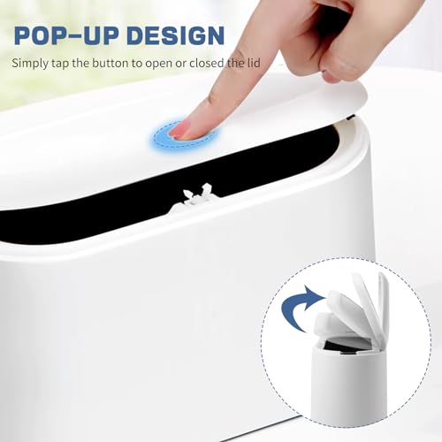 LTWQLing Mini Trash Can with Lid - Pop-Up Desktop Garbage Bin (White)
