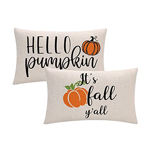 Set of 2 Autumn Pumpkin Throw Pillow Covers, 12" x 20" Farmhouse Decor