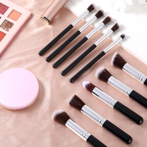 10-Piece Makeup Brush Set with Soft Synthetic Bristles and Wooden Handles