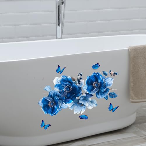 Blue Peony Flower Wall Decals with Butterflies - Removable Vinyl Stickers