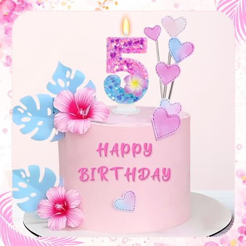 FAMGift Number 5 Shiny Frangipani Birthday Candle - Hawaiian Tropical Decor