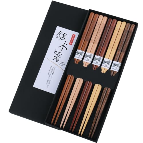 GLAMFIELDS Reusable Japanese Wooden Chopsticks - 5 Pairs, Mixcolor-A Hand-Carved
