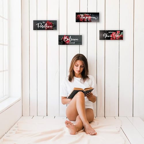 Red Rose Wall Decor Set - 4 Piece Inspirational Art for Home & Office