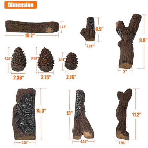 Skyflame 9-Piece Ceramic Wood Logs Set with Pine for Gas Fireplace - Realistic Fire Feature