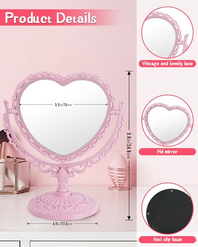 Pink Heart-Shaped Desk Mirror, Double-Sided Rotating Vanity Mirror